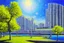 Placeholder: Sunny Day, futuristic buildings near the tree and lake zone, sci-fi, realistic vision, impressionism painting