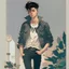 Placeholder: Teen man, black hair, perfect face, style of tomer hanuka, jeans, pompadour.