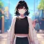 Placeholder: Clear focus, High resolution, rough line skecth, a anime kid, wearing a black sleeveless crop top, black hair medium fluffy cut, streak of red on both sides of the hair