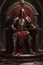 Placeholder: A mighty muscular warrior in chain mail armor and a red robe sits on a stone throne. An oak shield is leaning against the throne below. There is a helmet and a large mace on the floor.