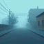 Placeholder: A schematic, nostalgic, horror vaporwave-style image of a dimly lit, foggy street in the outskirts with a pastel blue and brown color scheme. The street has a textured, rough surface. There is a tree in the corner. The background contains a few buildings. The overall atmosphere is eerie and foggy.