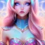 Placeholder:  beautiful, soft, whide smile face,whole head, long blonde straight hair, blue eyes, fairy wings on the back, transparent crystal blue and pink clothes, background blue and pink, big definition, 8K