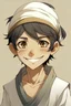 Placeholder: Anime young male, black hair, black beard, black eyes, olive skin, arab style clothes with white turban white,and ears normal, smiling, as kid
