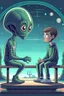 Placeholder: alien and a boy sitting on a bench. alien isshowing boy with his alien hand the universe that boy never saw with his human eyes. there are geometric stuff all around and some planet stuff. boy and alien are friends.