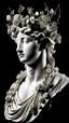 Placeholder: marble statue of a Greek supermodel by Michel Angelo, wearing crown of barbed-wire on head, decorated with beautiful flowers and wrapped with barbed-wire