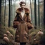 Placeholder: vogue fashion photo, brown tuffle coat, beautiful swedish forest view, mages, large, floral designs, atmospheric, beautiful, China Doll, , dark background, mid shot, full body, neutral expression, buzzcut hair, ultra realistic, highres, superb, 8k wallpaper, extremely detailed, intricate, limited palette,