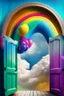 Placeholder: A (((door balloon digital backdrop with clouds rainbow))), where colorful balloons form a ((vibrant clouds wall)) that stands out against a modern, ((digital background)), Renaissance