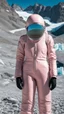 Placeholder: no face with mask,minimal ,Fashion film in the icefields of Patagonia, a stunning supermodel in an incomplete Astronaut pink bronze suit discover the icefields and giant iceblocks and icebergs using stunning poses we can see her face through the glass . Supreme landscape, inticate background and a minimalist composition that creates a great megalophobia effect. Old lens, old Kodak vision filmstock, 1600 iso.