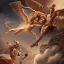 Placeholder: The winged messenger Hermes delivering a message to Zeus but Zeus is a Hydra. Medusa and the Minotaur are fighting in the background. High definition oil painting.