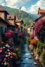 Placeholder: Highly detailed beautiful painting landscape, vintage style, vibrant colors flowers, film composition, digital painting, elegant, beautiful, high detail, small stream, Small European town, Small European village. symmetry central to composition, intricate details, volumetric lighting casting soft glows and sharp contrasts, rich deep colors, sharp focus capturing the scene's essence, ultra detailed akin to the styles of digital art, clearly, photorealistic, hyperrealism, fantastic, masterpiece.