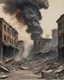 Placeholder: The image depicts a scene of extensive urban destruction. Buildings are heavily damaged or reduced to rubble, with exposed interiors, collapsed roofs, and debris scattered throughout. Plumes of smoke rise from one of the buildings, suggesting recent activity or ongoing fires. The color palette is muted, dominated by the grays and browns of concrete and dust. There are no visible signs of human presence in the immediate vicinity of the destruction, indicating the area may have been evacuated