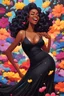 Placeholder: A sassy thick-lined oil painting style cartoon black female lounging lazily on her side, surrounded by colorful large flower petals. her curvy body silhouette a black maxi dress. Looking up coyly, she grins widely, showing teeth. Her poofy hair forms a mane framing her confident, regal expression.