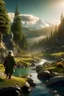 Placeholder: the hobbit is walking along the realistic magic forest with a river and mountains,