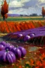 Placeholder: A purple bog with pumpkins painted by Claude Monet