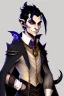 Placeholder: Young tiefling nobleman alchemist with black hair horns and large reptilian tail gothic jewelry and potion bottles in the style of Charles Addams