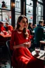 Placeholder: woman whit a red dress having a coffe in a cafe near the windoe and the people in other tables unfocaused