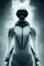 Placeholder: All Black racing suit AnnaSophia Robb, portrait, ghost mask, wearing high tech mask, white smoke, dark, rage, sorrow, high definition, ultra 8 k, volumetric lighting, blue fire, fog