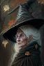 Placeholder: Old White-haired Witchery Witch in her pointed hat ready for the Coven in rusty autumn leaves and silver cobwebs. with burnished browns and abyss black.