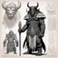 Placeholder: character concept sheet with AD&D statistics and characteristics[mexican comics Head Lopper style by Andrew MacLean] Borak, a towering tauren chieftain, wields an ancient totem pole with sacred carvings. Surrounded by spiritual energy, he calls upon the power of the Earth Mother to protect his people.