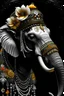 Placeholder: White and silver, bioluminescence gradient african elephant portrait, textured detailed fur adorned with bioluminescence malachit colour rennaisance style black and white and Golden pearls, beads and black diamond headdress and masque, orange lily florals, organic bio spinal ribbed detail of detailed creative rennaisance style ornate lwhite colour florwers background by the moonlight extremely detailed hyperrealistic maximálist concept art