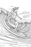 Placeholder: Outline art for coloring page OF A SURFER IN SHORTS RIDING A WAVE IN HAWAII LOOKING AWAY FROM US, coloring page, white background, Sketch style, only use outline, clean line art, white background, no shadows, no shading, no color, clear