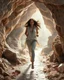 Placeholder: make a picture pretty crystal cave covered with jwells and 3d recursive cubic and sphere base pearls and Gemstone species, a beautiful goddess lady with curvy hair,makeup, in pretty modern today pants and loose shirt with jewels is running inside cave ,dynamic camera fallow her inside cave capturing full body, dynamic lights.