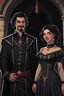 Placeholder: Strahd von Zarovich with a widow’s peak smiling, dressed in black and Ireena Kolyana frowning, wearing a wedding dress standing outside Castle Ravenloft in the illustrated style of dungeons and dragons