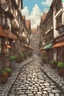 Placeholder: Fantasy city street with cobblestone, moist from rain on sunny day, lots of shops and people
