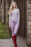 Placeholder: beautiful 18 year old girl with ash blonde hair and blue eyes with her curvy hair down, wearing a long-sleeved woollen top, and lilac long leggings, with long red boots full body shot