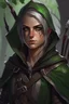 Placeholder: Portrait of gender neutral rogue elf, thief assassin, mauve hair, bright green eyes, brown skin, black hood, black leather armor, messy, disheveled, trees, sneaky, bow and arrows