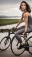 Placeholder: photography of a beautiful anorexic woman, grey satin triathlon top, sports illustrated, brunette short wavy bob haircut, pronounced sternum, flat chest, anthracite cycling leggins