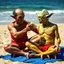 Placeholder: sandy beach scene shows realistic Data from Star Trek and Star Wars' Yoda wearing only a bright red speedo. Yoda, with green wrinkled skin and pointed ears, sits cross-legged while extending his three-fingered hand to feed a wedge of Welsh Rarebit to Data, who reclines on a blue beach towel. Data's pale complexion and yellow skin tone are visible as he receives the food. The beach setting features golden sand, with blue ocean waves visible in the background. Daytime outdoor photography with nat