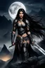 Placeholder: A BEAUTIFUL GIRL, BLACK LONG HAIRED, BIG BUB, NICE BODY, DRESSED A BLACK ARMOUR, WARRIOR AND AMAZON WOMAN, STAY ON TOP OF MPOUNTAIN, MOONSHINE AND FAIRY TURN AROUND HER, DARK NIGHT BACKGROUND,