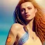 Placeholder: One beautiful portrait of on woman goddess of love with lot's of grain on her skin, blue eyes, with natural hair floating in the wind smiling facing camera, tatoos, dress with celtic shapes and patterns, mystic, spiritual, mantra background, orange color scheme, high key lighting, volumetric light high details with white stripes and feathers unreal 5, octane render, cinema4d, dynamic lighting, dramatic lighting, 4k, redshift render, highly detailed, hyper realistic, sunse