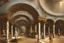 Placeholder: a round plaza, a Roman arcade with arches curved around it, by artist "Leonora Carrington"