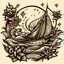 Placeholder: Traditional Old School Tattoo Design featuring a Guitar, flowers, the Sun, a Compass, and a Sailboat sailing over the sea waves, simple and small, Tattoo Art by Sailor Jerry. Few lines, black and white.