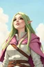 Placeholder: Springtime eladrin healer with long light green hair, deep brown eyes, pink freckles, and light skin. Female adult wearing white noble leather with a pink cape. She's happy and looking gently upwards into soft sunlight. Sky background. 2D dungeons and dragons matte hand-drawn style epic Comic style