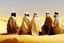 Placeholder: Four Arab sheikhs sitting in the desert wearing typical Arab dress, looking towards the four cardinal points. A talll fat european man in business suit wathhing them while thinking.