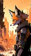 Placeholder: A human being in the form of a fox, not a human being, a short nose, Features of a male fox, serious features, character specifications are enthusiastic, emotional and somewhat selfish, high quality, the character is a fighter, war, the background is a developed but destroyed city, Cinematic shot, scary shape, multiple colors, high contrast, professional anime drawing , Professional anime style ، 4K .