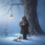 Placeholder: dark, robed figure stands behind a sad, abandoned, dog chained to a tree, family house in background, winter, loneliness, 8k resolution, high-quality, fine-detail, iridescent, intricate, digital art, detailed matte, volumetric lighting, illustration, 3D octane render, brian froud, howard lyon, selina french, anna dittmann, annie stokes, lisa parker, greg rutowski