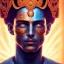 Placeholder: 3D close-up of a king Ramses, high contrast, glowing backlighting, blue and red backlighting, vibrant hair, dark brown eyes, sharp focus, face painting, background blur.