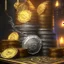 Placeholder: dynamic lighting, Intricately detailed, Splash screen art, deep color, Unreal Engine, volumetric lighting, silver coins, gold coins, silver treasure, stacked coins, indoors, altar, black table, sigil, shiny,