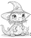 Placeholder: coloring pages for kids, semi-cartoon motif of a little dragon character, witch hat, white background, anime, illustration, dark fantasy, painting, cartoon style, thick lines, low detail, black and white, no shading, --ar 85:110