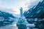 Placeholder: in a frozen sea with pretty mountains a full lady statue of transparrent ice