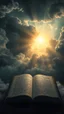 Placeholder: Sun light above swirling clouds, emerges from the heart of a raging storm. Turbulent winds of steam swirl around lit by shafts of sunlight that cast dramatic shadows on the A beautiful open book with Hebrew words in the middle , High quality 16k cinematic scene and great photography