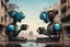 Placeholder: two crazy rusty scrappy robots drinking coffee in urban decay, negative space, wet print, ink leak, overheat, dramatic, cinematic, sudden jolt dynamics, amazing reflections and parallels and verticals, Afro-futurism, surreal futurist architecture art, surreal liminal space, tribal vibe and patterns, colors of light sky blue and beige and black