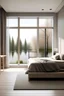 Placeholder: minimalist cozy bedroom with a big dresser room and view to the garden and river