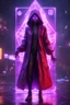 Placeholder: Lense flare,pencil outline,Volumetric fog spider lord lights,paradise sacred geometry framed playing card, black, red, spore and purple neon cyber punk dancer priestess teurgist in soaked rain coat shadows boss card in the style of escher and fallout 4 ,,bokeh like f/0.8, tilt-shift lens 8k, high detail, smooth render, down-light, unreal engine