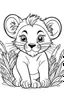 Placeholder: cute coloring page, sketch style, cute baby Lion in the jungle, cute cartoon, white and black, withe background, no shadows, outline.