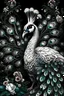 Placeholder: White peacock portrait, textured feathers ornate black pearls, center ed position of Blooming feathers, tribal ornate background, organic bio feathered ribbed of transculent extremely detailed maximálist colour hyperrealistic concept art